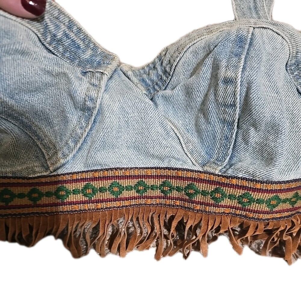 Vtg Maximum Energy USA Blue Denim Fringe Boho Tank Crop Top Womans Size Medium - Picture 5 of 9